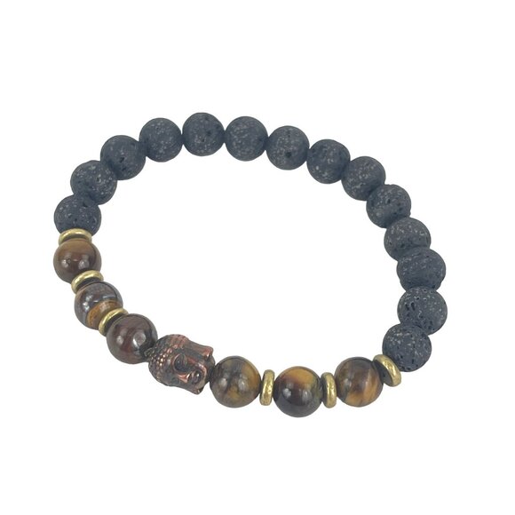 Buddha Copper Lava Rock and Tiger Eye Beaded Bracelet - Picture 7 of 7